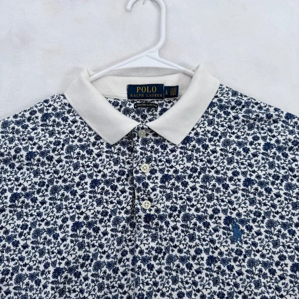 Polo Ralph Lauren Polo Shirt Mens L Blue Floral Custom Slim Fit Preppy